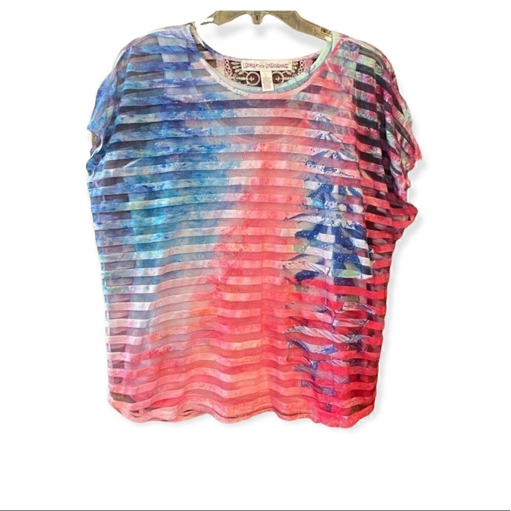 Leoma Lovegrove PL Pink Beach Chair Sheer Casual Lace Cap Sleeve T-Shirt